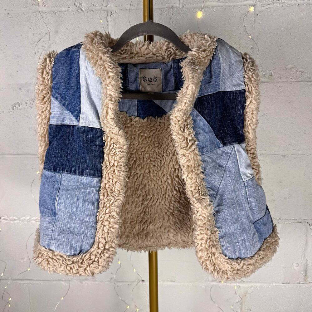 Sea New York Diego Denim Patchwork Sherpa Lined Vest Blue Cream Size S
